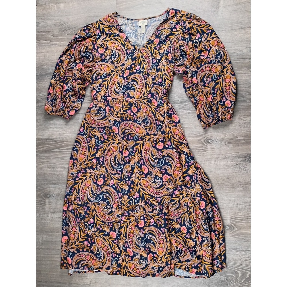 St Johns Bay XL Paisley Maxi Dress Long Puff Sleeve Boho Hippie Peasant V-Neck